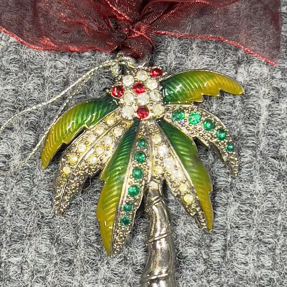VTG Christmas Tree Ornament Cloisonne Silver Palm Tree Coconut Accents 4